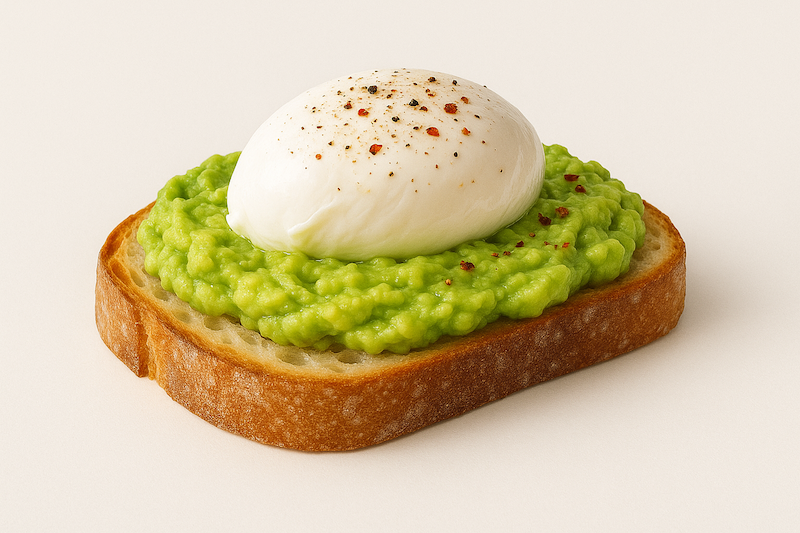 Sourdough toast topped with mashed avocado, poached egg, and chili flakes.