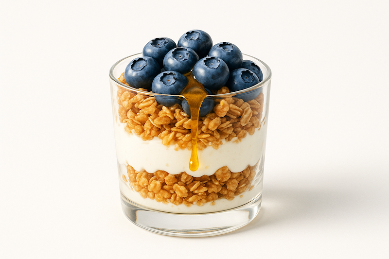 Glass cup layered with Greek yogurt, granola, blueberries, and honey drizzle.