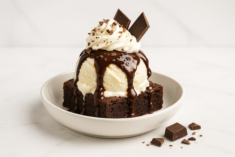 Triple chocolate brownie sundae with ice cream, whipped cream, and chocolate sauce