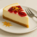 Slice of cranberry orange cheesecake topped with cranberry swirl and orange zest on a white plate.