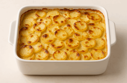 Golden scalloped potatoes baked with Gruyère cheese in a white dish on a neutral background.