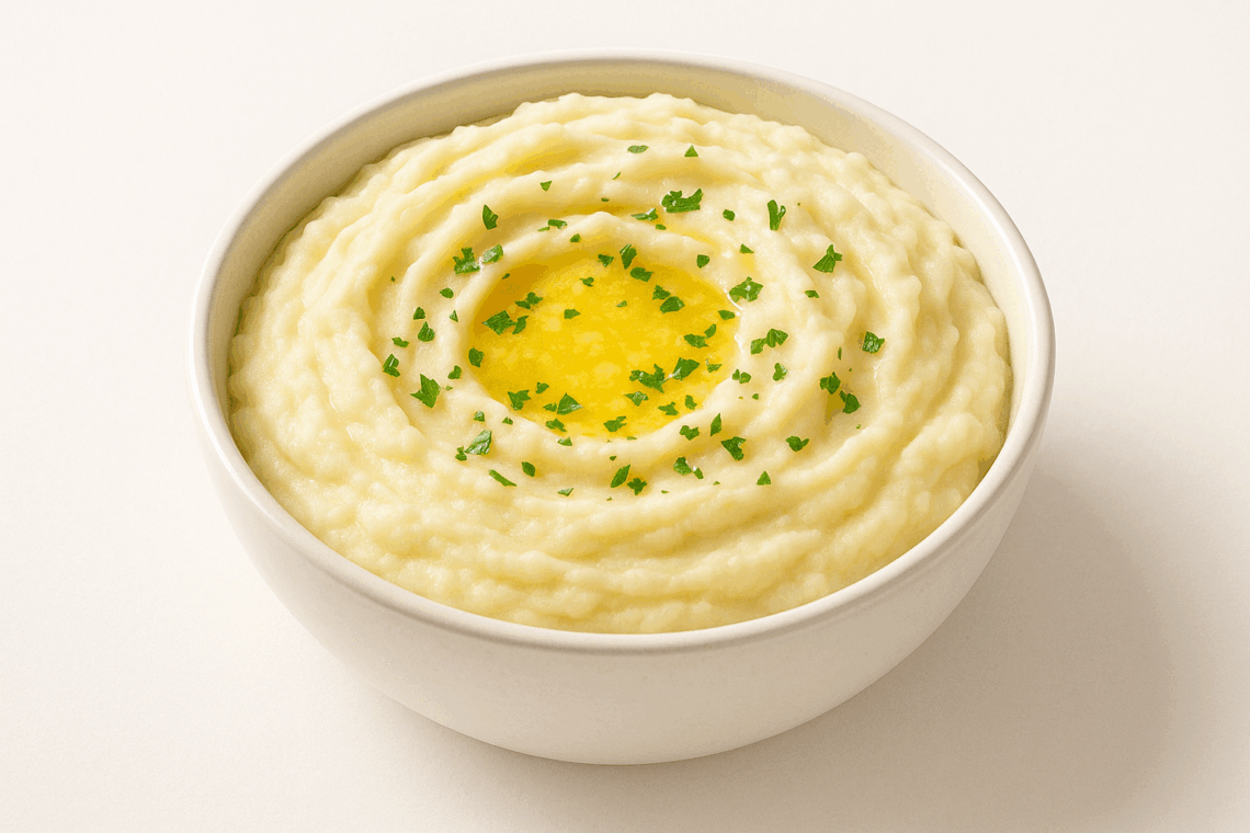 Bowl of creamy mashed potatoes topped with melted butter and chopped parsley.