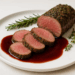 Herb-crusted beef tenderloin sliced into medallions with red wine sauce, garnished with rosemary and thyme on a white plate.