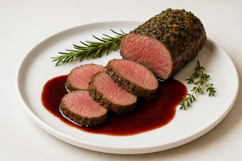 Herb-Crusted Beef Tenderloin with Red Wine Pan Sauce