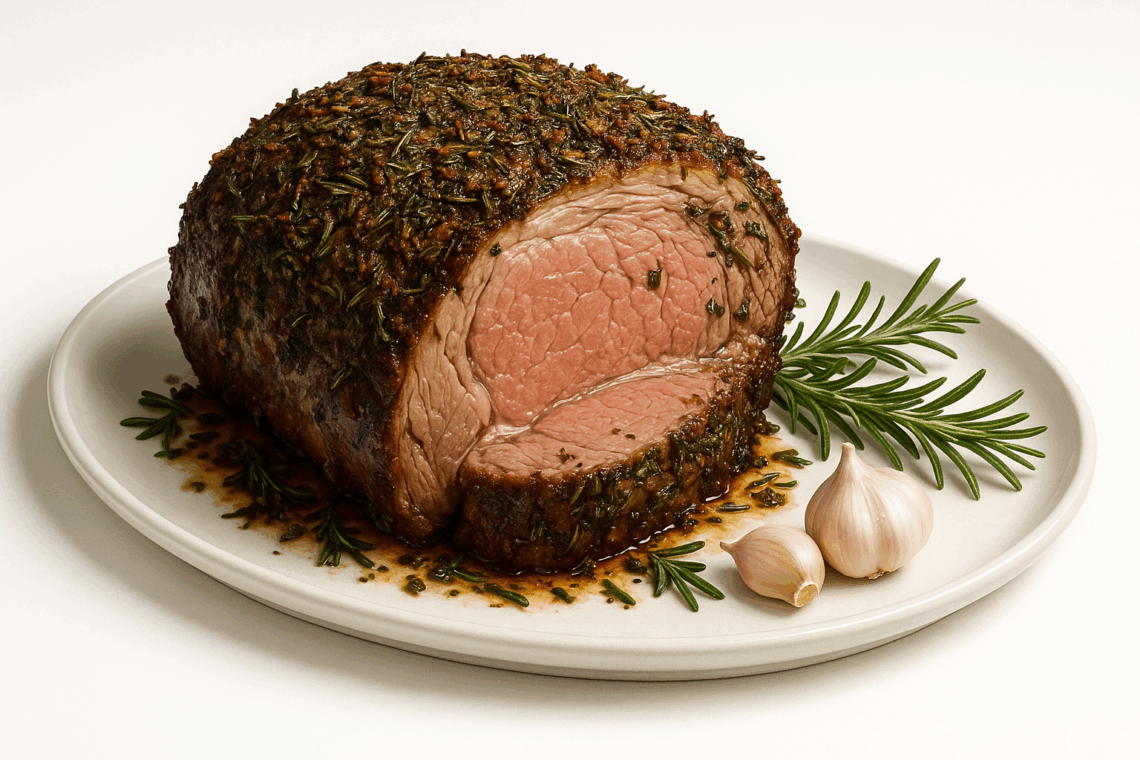 Herb-crusted prime rib roast on a white platter with rosemary and garlic cloves.