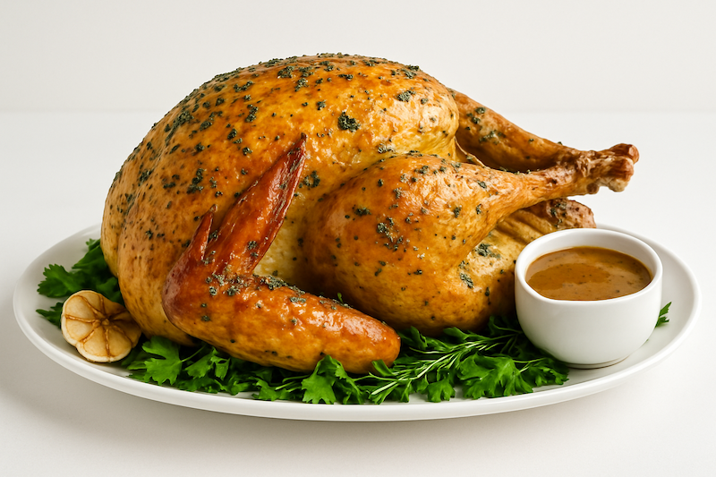 Herb butter turkey on a platter