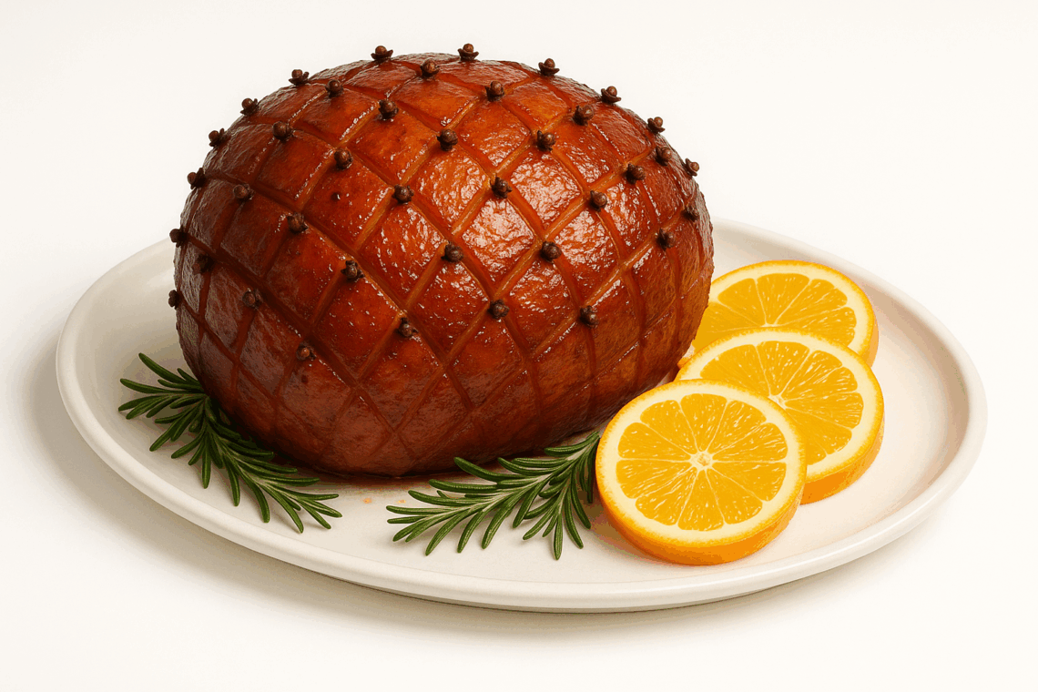 Honey-glazed ham studded with cloves and garnished with orange slices and rosemary.