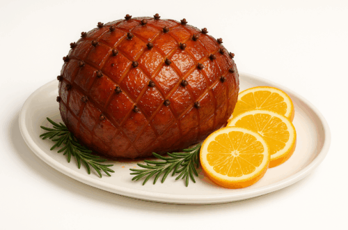 Honey-glazed ham studded with cloves and garnished with orange slices and rosemary.