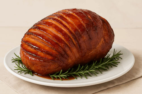 Glazed spiral ham with caramelized brown sugar and honey, garnished with rosemary on a white platter.
