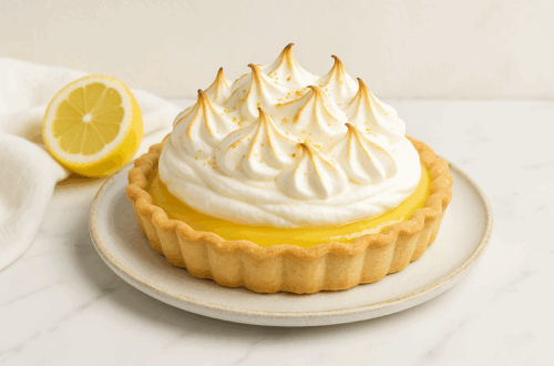 Lemon meringue pie with toasted meringue peaks on a marble surface