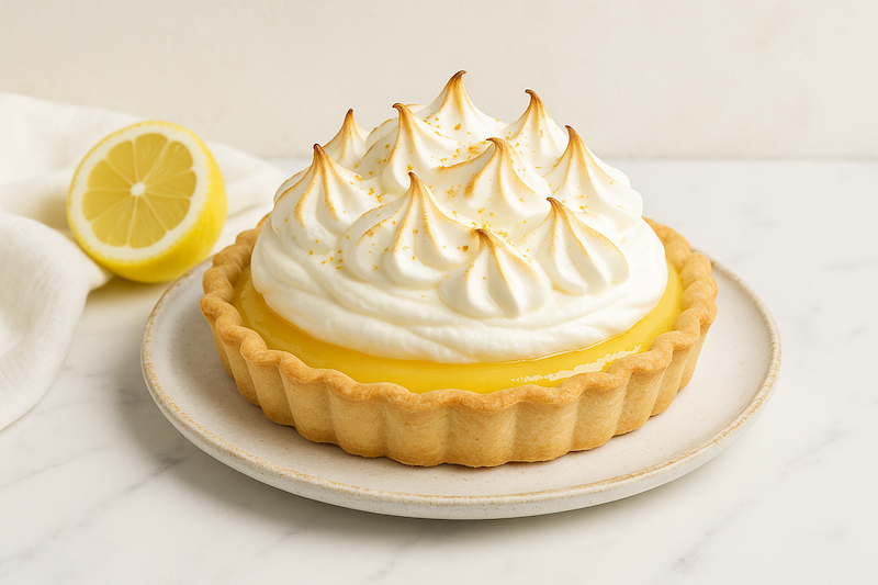 Lemon meringue pie with toasted meringue peaks on a marble surface