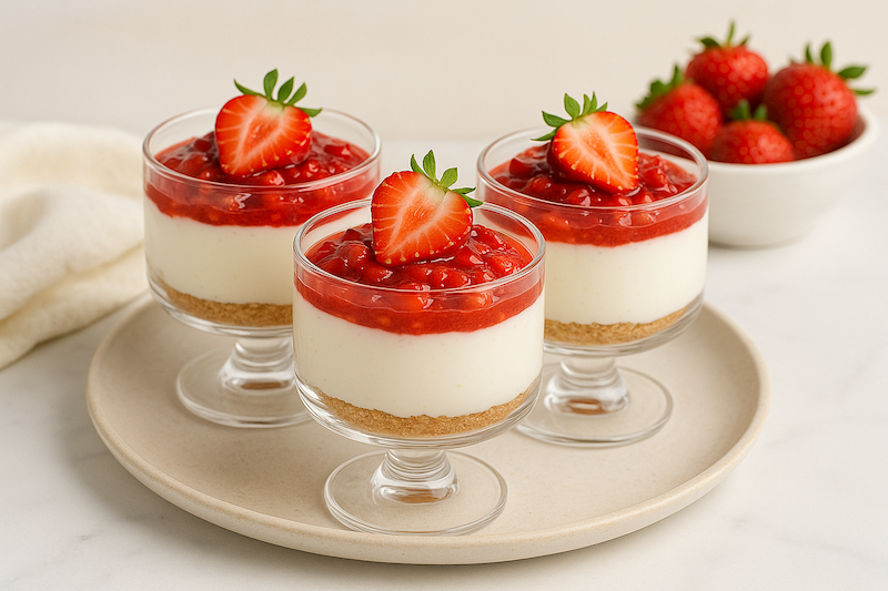 No-bake strawberry cheesecake cups layered with graham crust, cream, and strawberry topping
