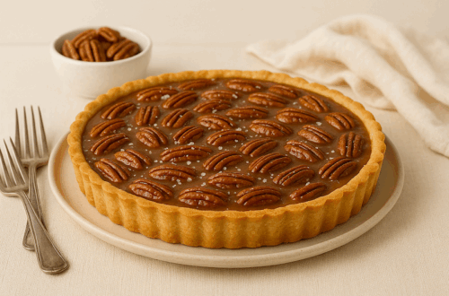 Salted caramel pecan tart with glossy caramel and toasted pecans