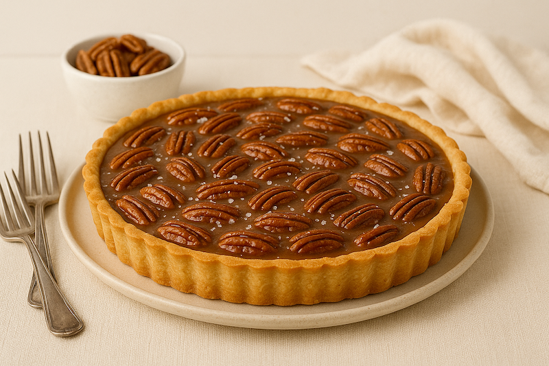 Salted caramel pecan tart with glossy caramel and toasted pecans