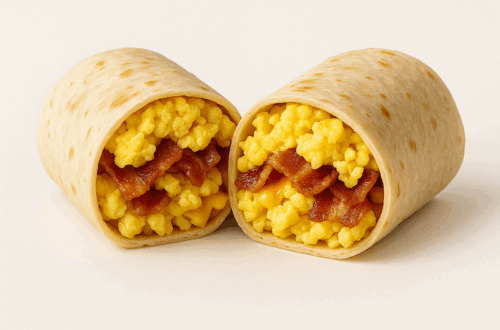 Cut-open breakfast burrito showing scrambled eggs, bacon, and cheese inside a tortilla.