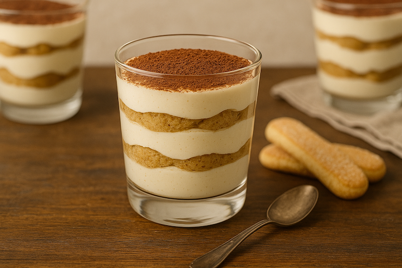 Individual tiramisu parfait with mascarpone cream and cocoa dusting