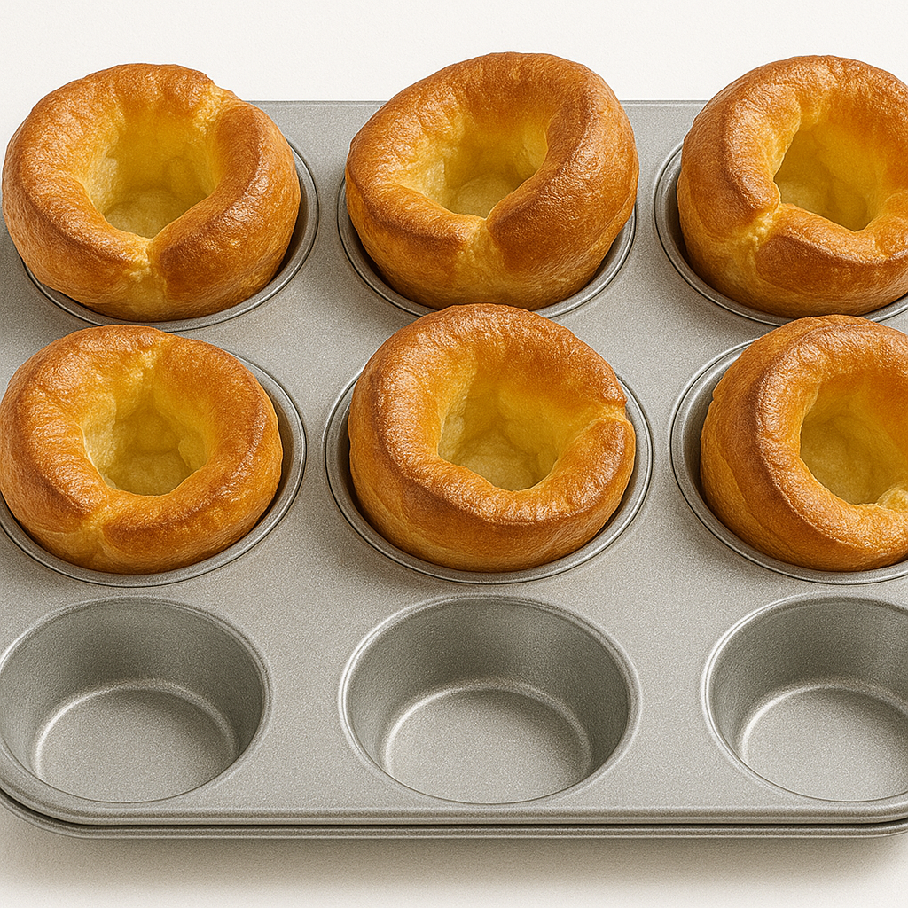 Golden Yorkshire puddings in a silver metal muffin tin on a white background.