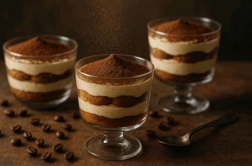 Glass dessert cups layered with espresso-soaked ladyfingers, mascarpone cream, and cocoa dusting.