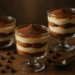 Glass dessert cups layered with espresso-soaked ladyfingers, mascarpone cream, and cocoa dusting.