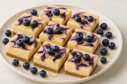 Lemon blueberry cheesecake bars with blueberry swirls and graham cracker crust on a white plate.