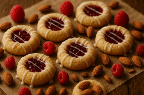 Buttery thumbprint cookies filled with raspberry jam and drizzled with white almond glaze on parchment paper.