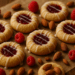 Buttery thumbprint cookies filled with raspberry jam and drizzled with white almond glaze on parchment paper.