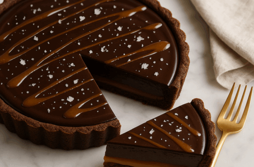 A rich chocolate tart with glossy ganache, caramel drizzle, and sea salt flakes on a marble surface.